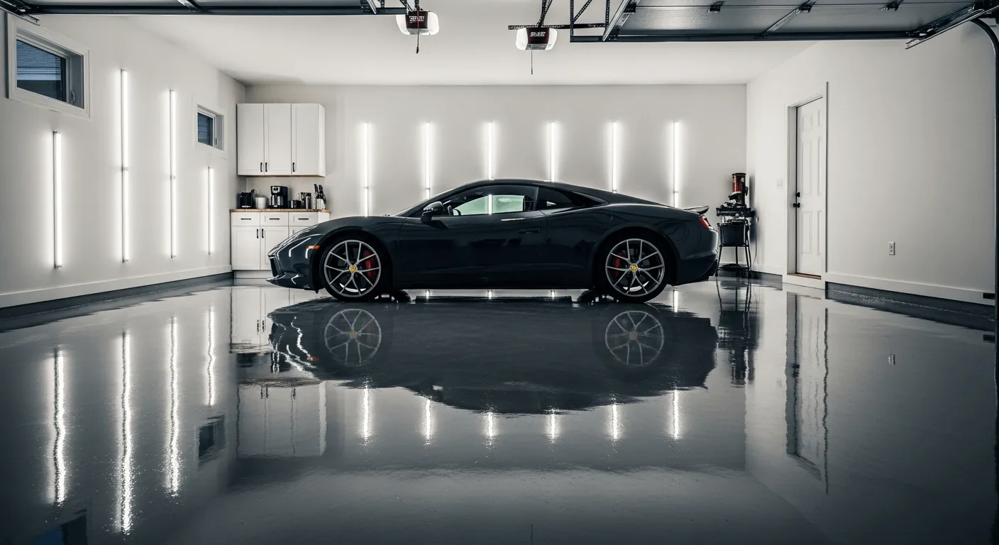 High-gloss epoxy garage floor reflecting a sports car